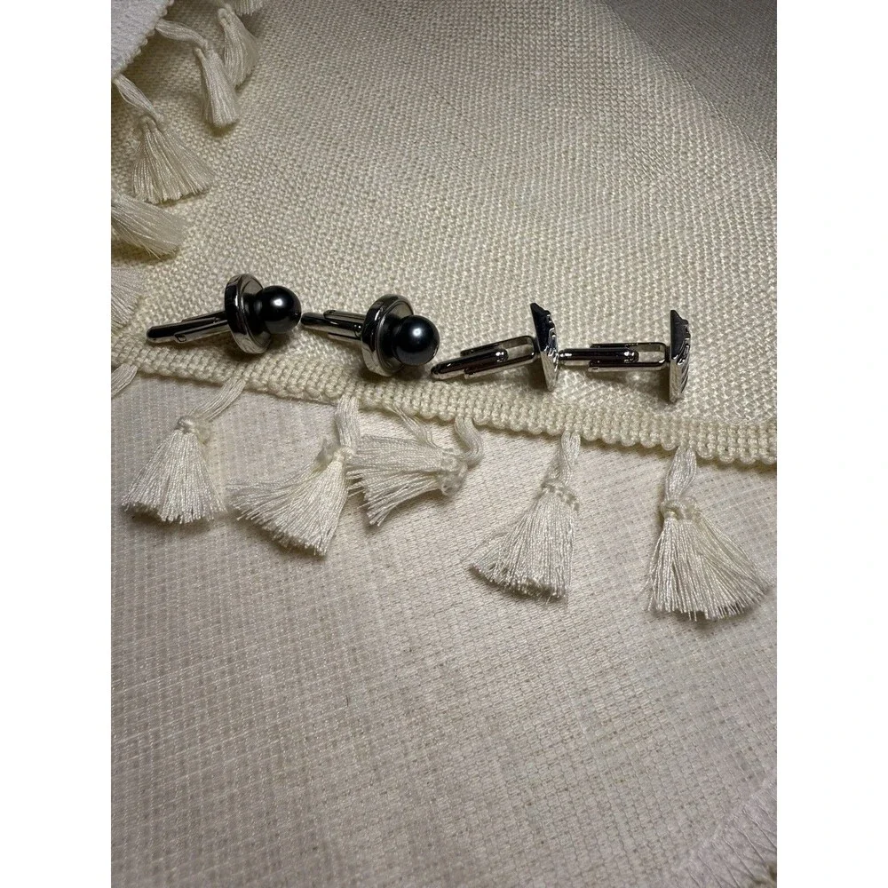 2-Piece Cufflink Set – Black Faux‎ Pearl & Blue Grid Design – Gift Box Ready